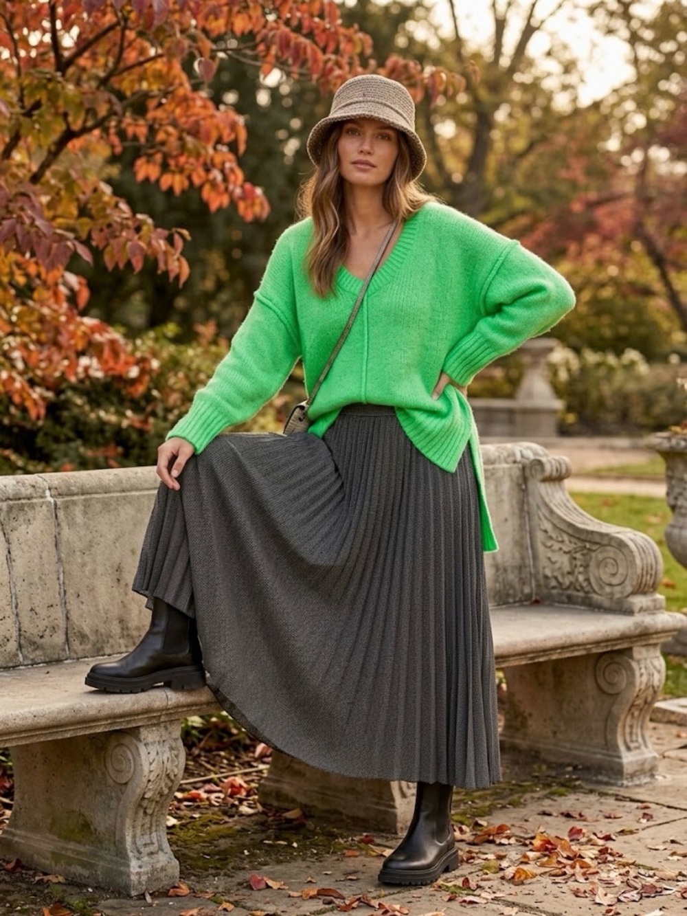 Papermoon Vibrant Neon Chunky Knit V Neck High Low Sweater M Oversize
